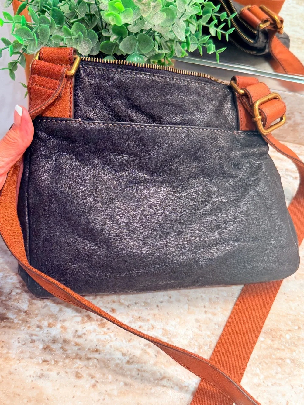 Fossil Black Leather Crossbody Bag with brown Strap